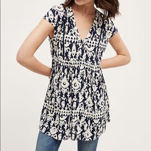 Anthropologie Vanessa Virginia Ladder Lace Tunic Blue Motif, New
